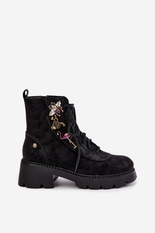 Faux leather work ankle boots with buckles in black