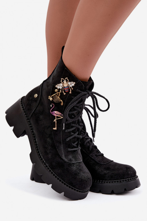 Faux leather work ankle boots with buckles in black