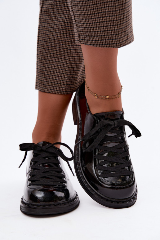 Patent leather loafers with laces in black