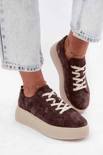 Women's Leather Suede Platform Sneakers Kobbo 41535 Chocolate