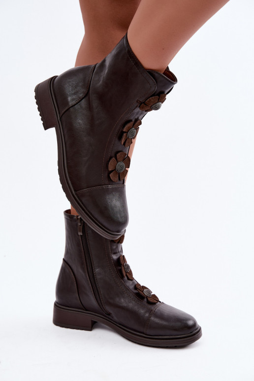 Women's ankle boots with wide heels and floral motifs in chocolate