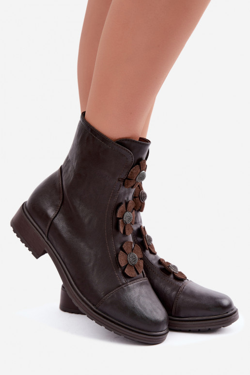 Women's ankle boots with wide heels and floral motifs in chocolate