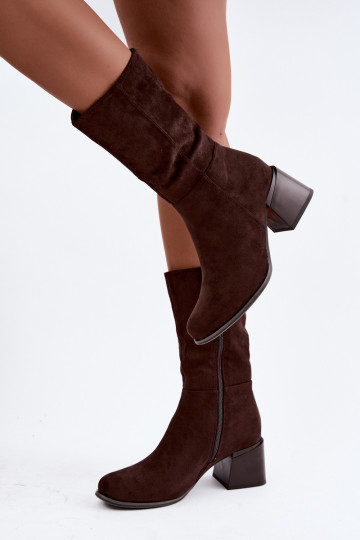 Suede Chunky Heel Boots Lined Chocolate Brown Lavenia