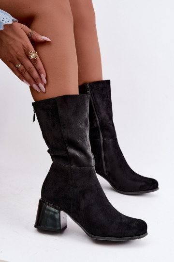 Women's Black Suede Insulated Block Heel Boots Lavenia