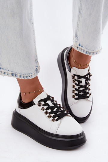 Black and white leather sneakers with studs Artiker 55C0401