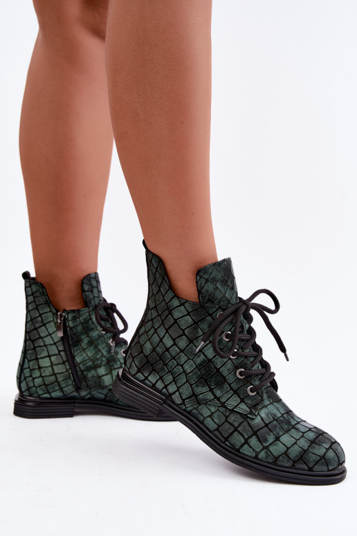 Green leather warm ankle boots with wide heels Artiker 55C1325