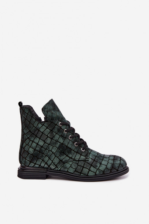 Green leather warm ankle boots with wide heels Artiker 55C1325