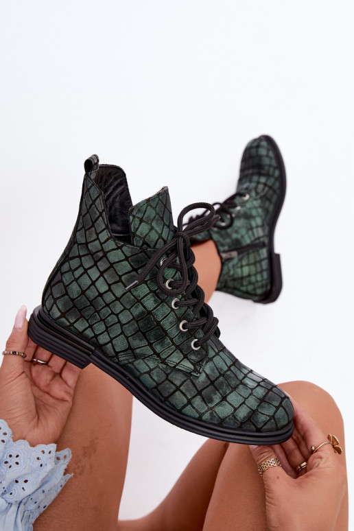 Green leather warm ankle boots with wide heels Artiker 55C1325