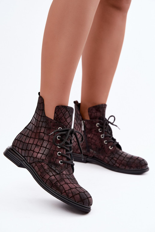 Burgundy leather warm ankle boots with wide heels Artiker 55C1327