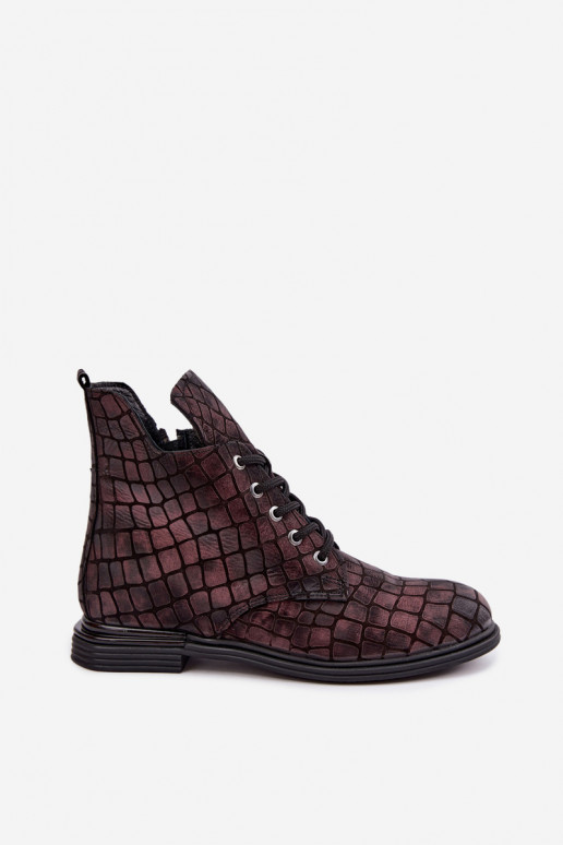 Burgundy leather warm ankle boots with wide heels Artiker 55C1327
