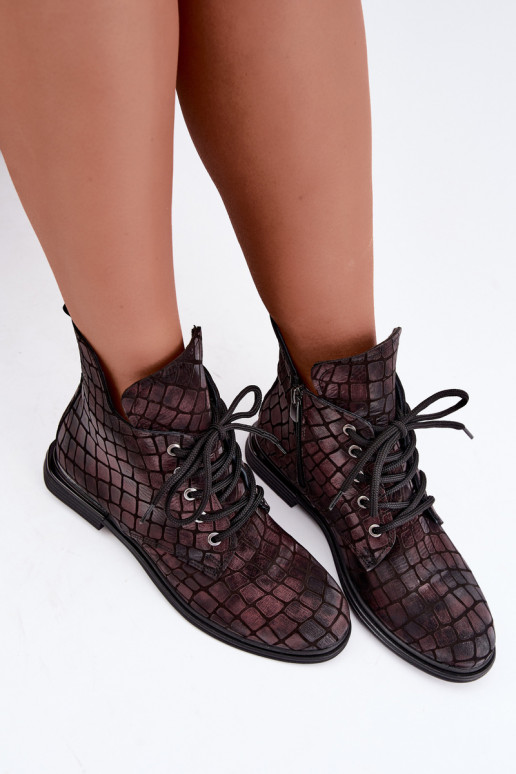 Burgundy leather warm ankle boots with wide heels Artiker 55C1327