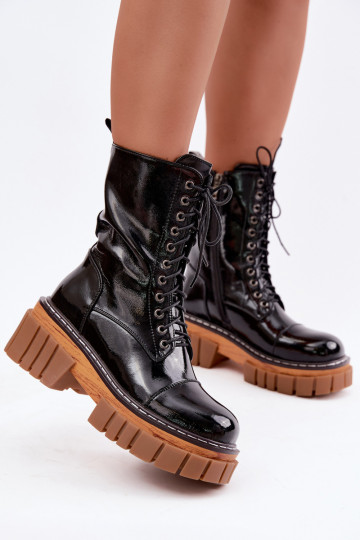 Black leather warm work ankle boots with patent effect Artiker 49C0344