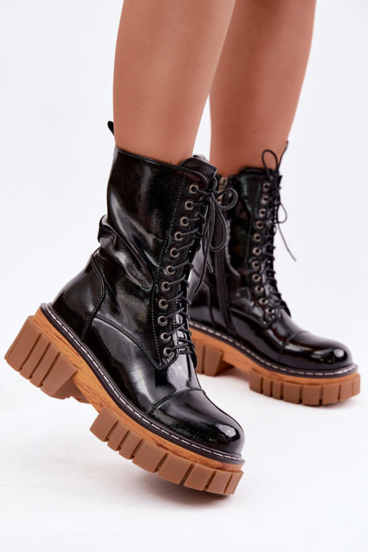 Black leather warm work ankle boots with patent effect Artiker 49C0344