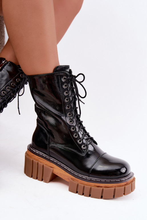 Black leather warm work ankle boots with patent effect Artiker 49C0344