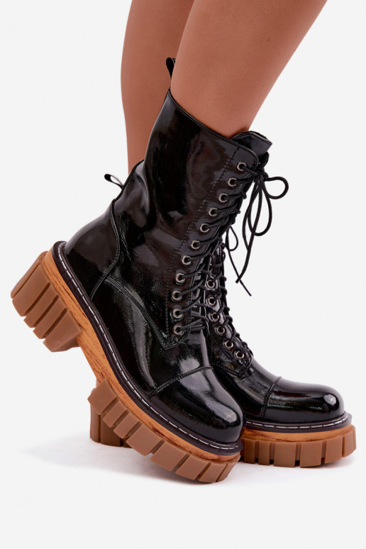 Black leather warm work ankle boots with patent effect Artiker 49C0344