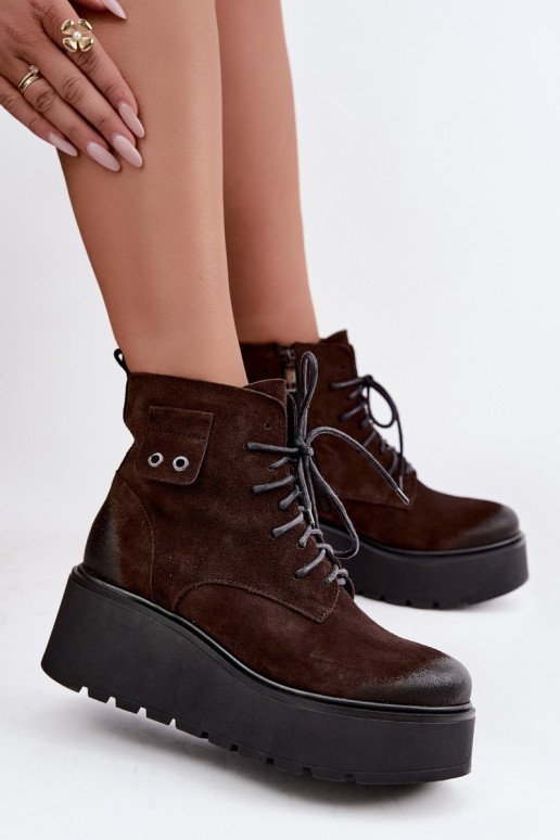 Zazoo 60499 faux suede women's ankle boots with platform in chocolate color