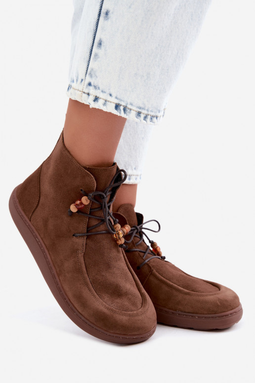 Women's warm Barefoot ankle boots with beads Zazoo 30078 in brown color