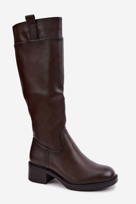 Long low-heeled boots Zazoo KZ-22 in chocolate color
