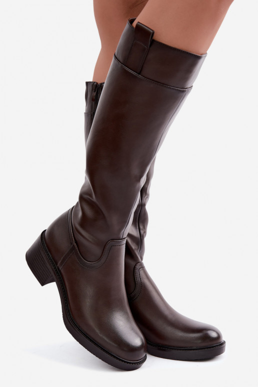Long low-heeled boots Zazoo KZ-22 in chocolate color
