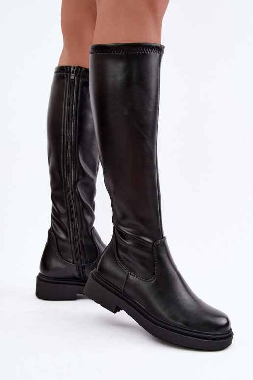 Women's warm long boots with wide heels Zazoo KZ-02 in black color