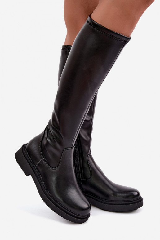 Women's warm long boots with wide heels Zazoo KZ-02 in black color