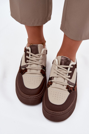 Brown-beige women's platform sneakers with leopard patterns Big Star SS274356