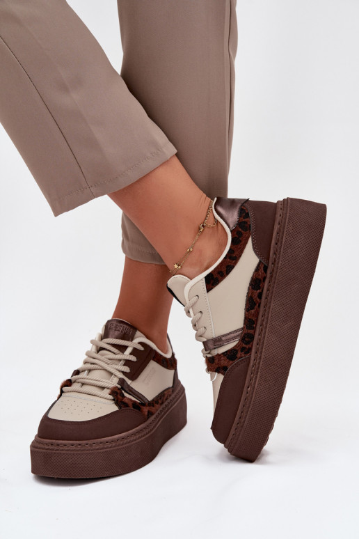Brown-beige women's platform sneakers with leopard patterns Big Star SS274356