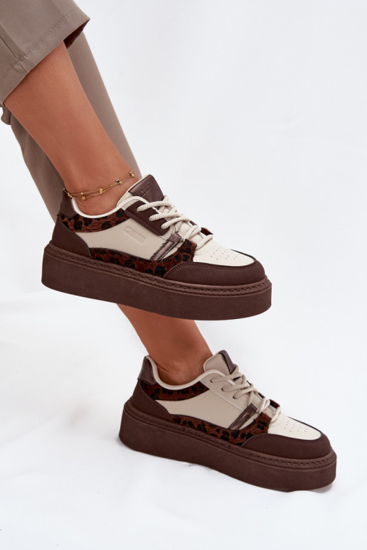 Brązowo-beżowe damskie sneakersy na platformie w panterkę Big Star SS274356