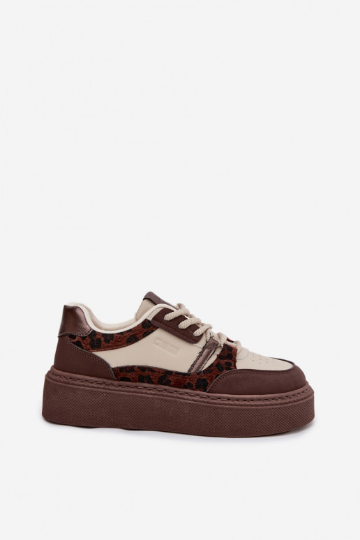 Brown-beige women's platform sneakers with leopard patterns Big Star SS274356