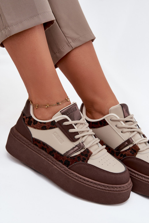 Brown-beige women's platform sneakers with leopard patterns Big Star SS274356