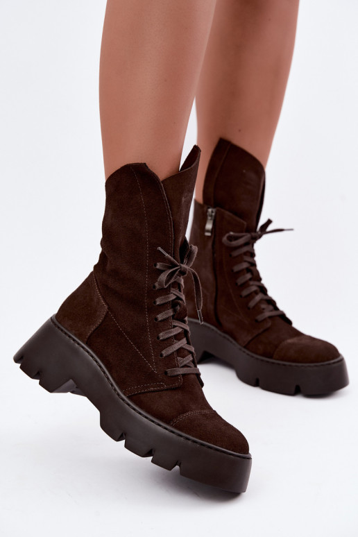 Dark brown women's work ankle boots made of faux suede Zazoo 976
