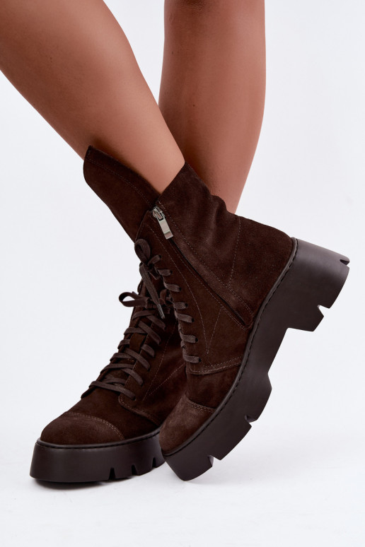 Dark brown women's work ankle boots made of faux suede Zazoo 976