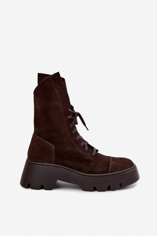 Dark brown women's work ankle boots made of faux suede Zazoo 976