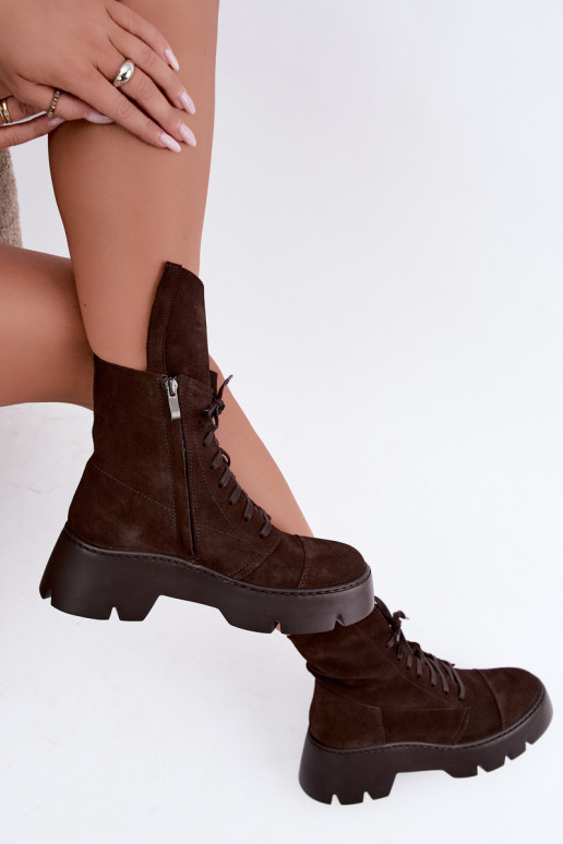 Dark brown women's work ankle boots made of faux suede Zazoo 976