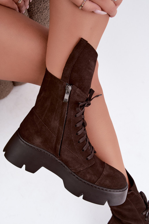 Dark brown women's work ankle boots made of faux suede Zazoo 976