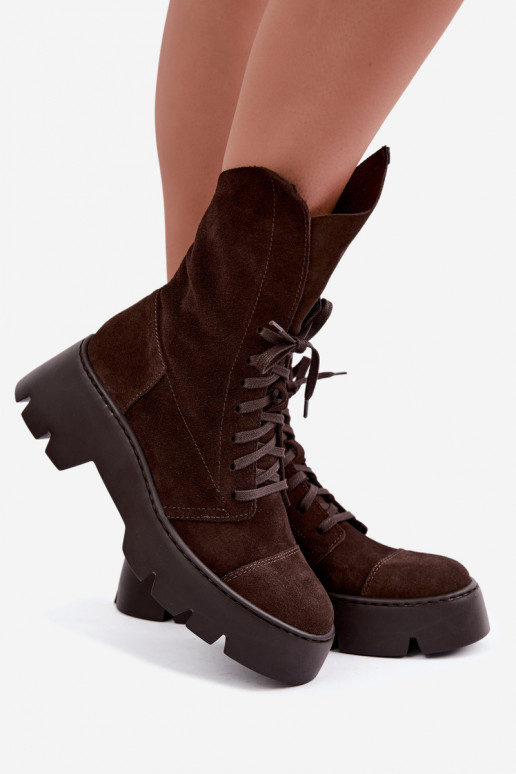 Dark brown women's work ankle boots made of faux suede Zazoo 976