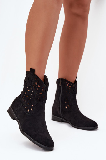 Women's ankle boots with cut-out elements and wide heels in black faux suede Athera 2