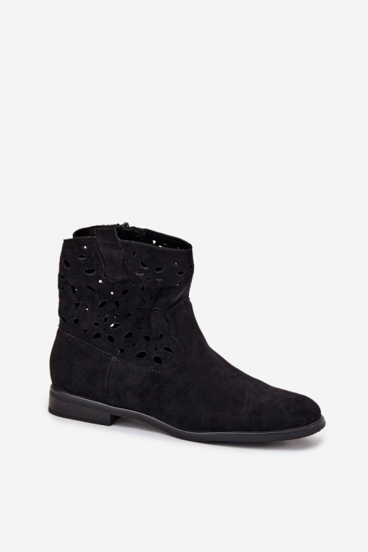 Women's ankle boots with cut-out elements and wide heels in black faux suede Athera