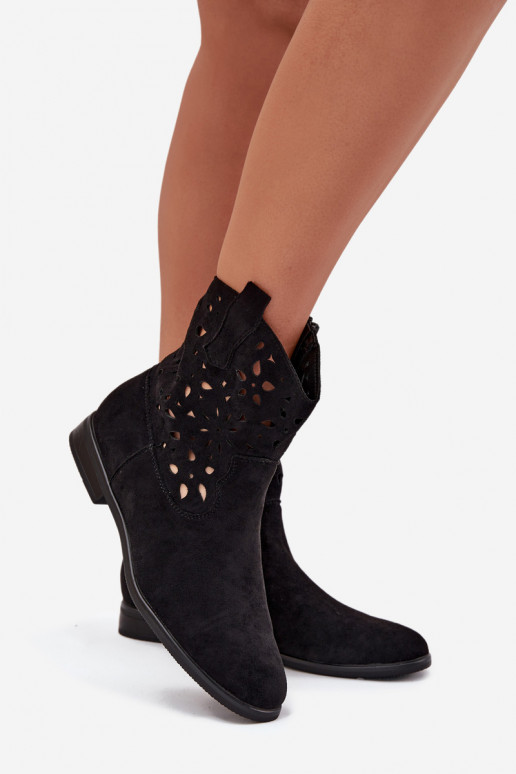 Women's ankle boots with cut-out elements and wide heels in black faux suede Athera