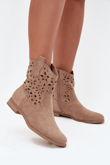 Women's ankle boots with cut-out elements and wide heels in sand faux suede Athera
