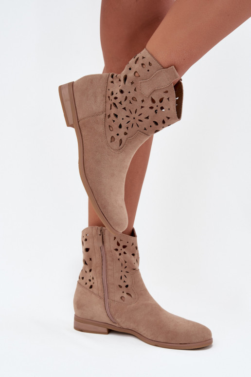 Women's ankle boots with cut-out elements and wide heels in sand faux suede Athera