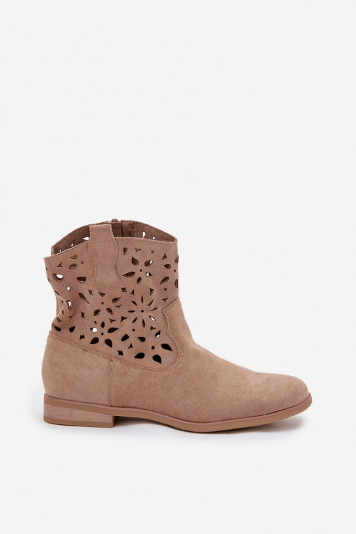Women's ankle boots with cut-out elements and wide heels in sand faux suede Athera