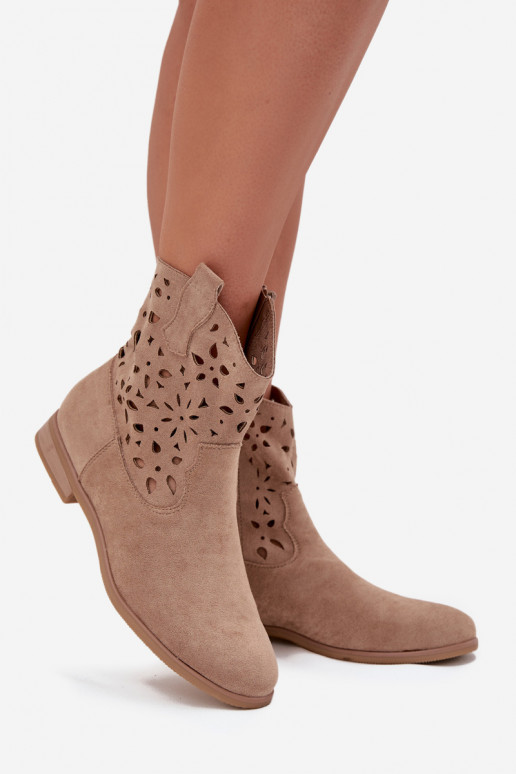 Women's ankle boots with cut-out elements and wide heels in sand faux suede Athera