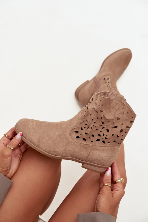 Women's ankle boots with cut-out elements and wide heels in sand faux suede Athera