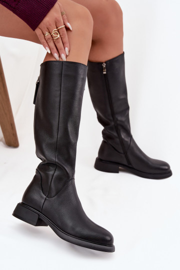 Black faux leather women's knee-high boots with wide heels and lining D&A JC62-1036