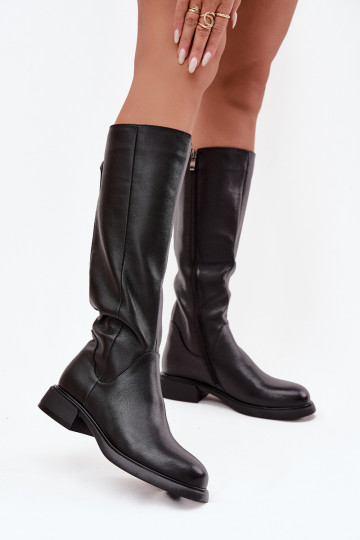 Black faux leather women's knee-high boots with wide heels and lining D&A JC62-1036 2