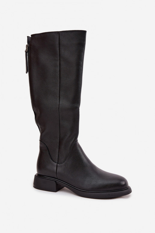 Black faux leather women's knee-high boots with wide heels and lining D&A JC62-1036