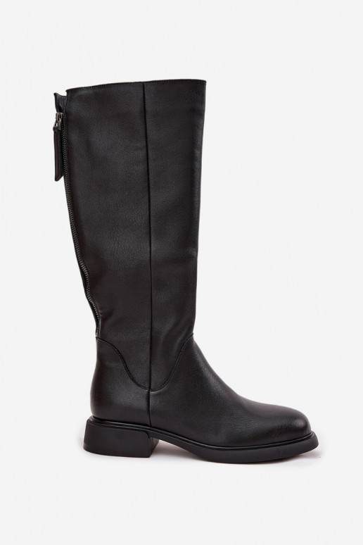 Black faux leather women's knee-high boots with wide heels and lining D&A JC62-1036