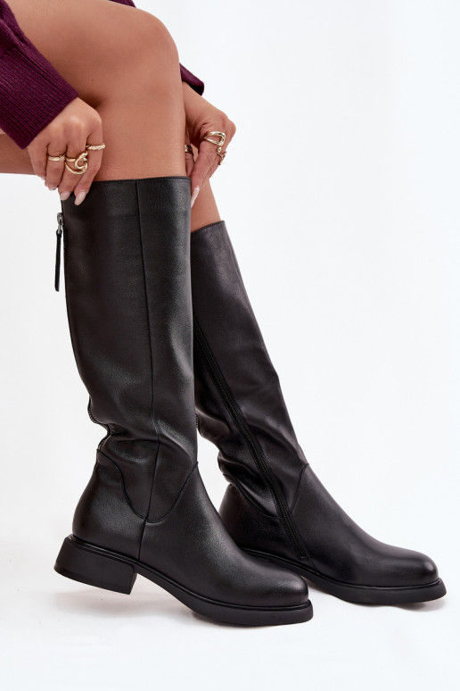 Black faux leather women's knee-high boots with wide heels and lining D&A JC62-1036