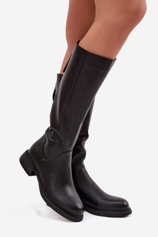 Black faux leather women's knee-high boots with wide heels and lining D&A JC62-1036